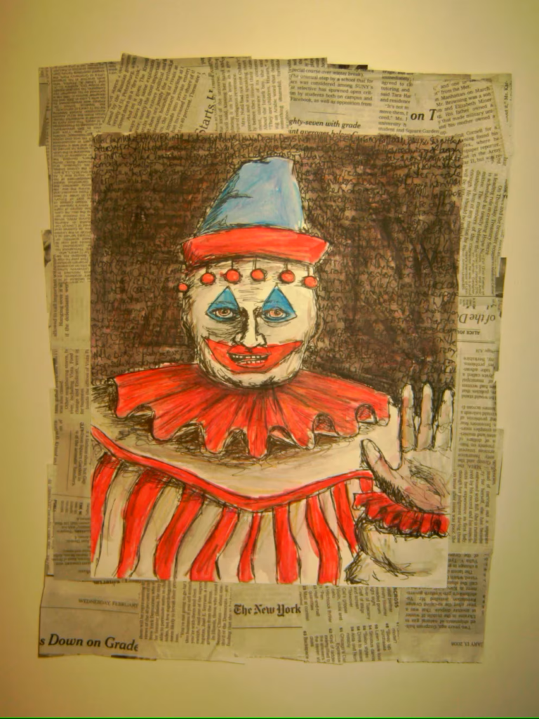 Foto de los dibujos que hacía John Gacy en la carcel. Se observa un dibujo de Pogo el Payaso saludando a cámara.