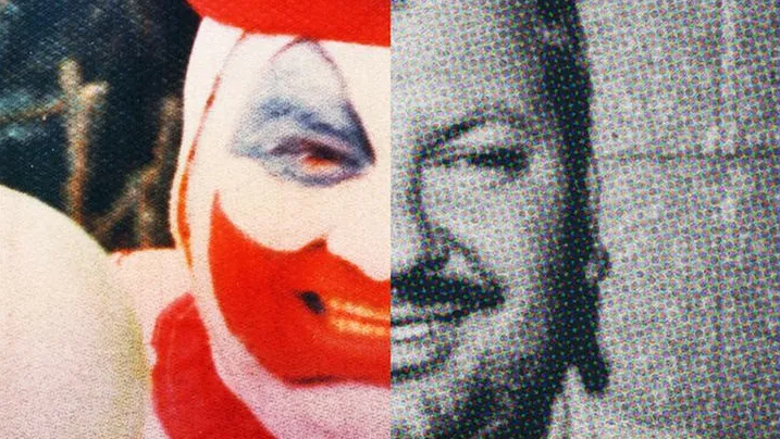 Imagen partida por la mitad en la que se muestra la mitad de la cara de Pogo el Payaso con la de John Gacy