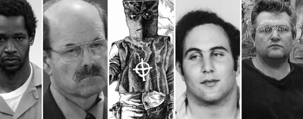 Imagen en blanco y negro en la que pueden verse diferentes asesinos en serie. BTK, Zodiac, el hijo de sam...