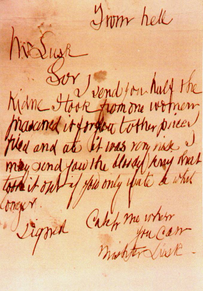 Imagen de la carta escrita por Jack el Destripador llamada "From Hell".