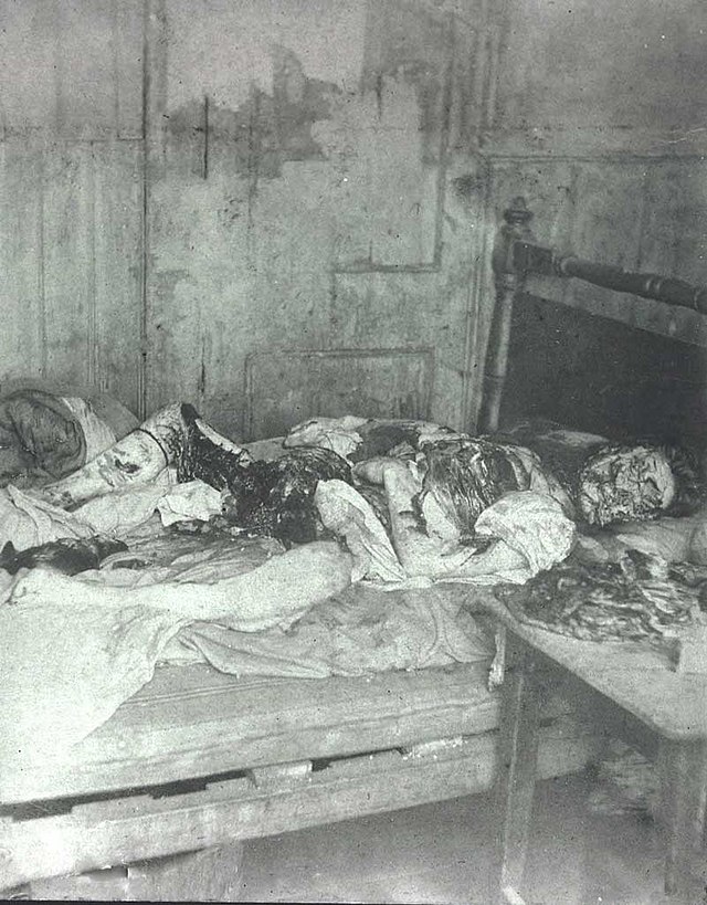 Imagen en blanco y negro de la escena del crimen de Mary Jane Kelly, última víctima de Jack el Destripador.