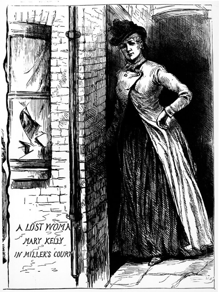 Dibujo en blanco y negro de Mary Jane Kelly, víctima de Jack el Destripador.
